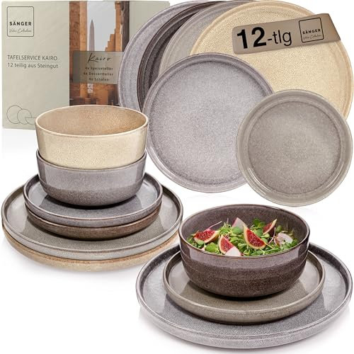 SÄNGER Cairo | Servizio da tavola 12 pezzi, set di stoviglie in gres porcellanato, 4 piatti piani, 4 piatti da dessert, 4 ciotole e ciotole, multicolore, set di piatti profondi | Value Collection