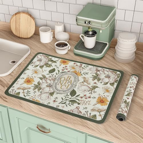 SITAKEGS Tapis d'égouttage, 2PCS tapis à café absorbant Vintage Floral doux en microfibre pour cuisine, surfaces d'égouttage, antidérapant avec support en caoutchouc pour ustensiles de cuisine, évier