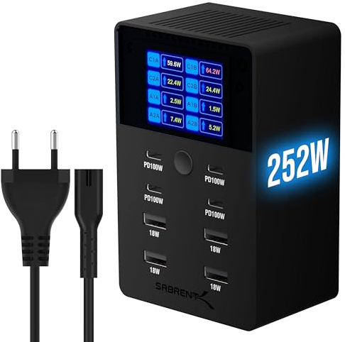 SABRENT VOLTIK Charging Station, 252W 8-Port USB C and USB A Desktop Charger, UL Certified with Real-Time LCD Display, Fast Charging for MacBook, iPhone, Samsung and More