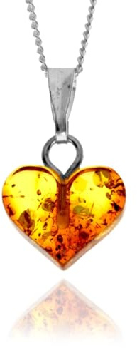 SilverAmber Jewellery Collar de cadena de plata de ley 925 de 0,7 mm con colgante en forma de corazón tallado de ámbar báltico auténtico, 14 inch, Plata Acero inoxidable, Ámbar