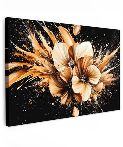 MuchoWow© Leinwand Bilder Wanddeko Wohnzimmer Aesthetic Room Decor Deko | 60x40 cm - Zimmer Wandbilder Modern Bild auf Blumen - Gold - Graffiti - Schwarz - Abstrakt