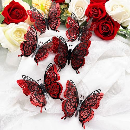 24 Stück 3D Schmetterling Wandaufkleber, Rot Doppellagig Schmetterlings Aufkleber Set, Schmetterling Wanddeko für Zuhause, Schlafzimmer, Spiegelwand, DIY, Valentinstags Dekoration (C)