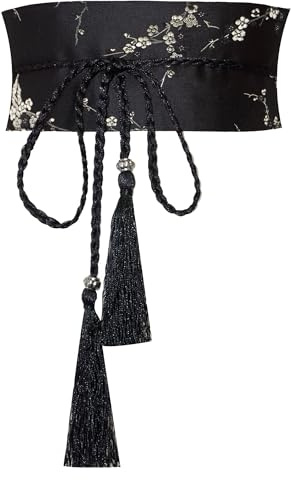 ZooBoo Chinese Satin Embroidered Waist Belt–Hanfu Tassel Waist Cincher Traditional Floral Brocade Obi Sash for Women