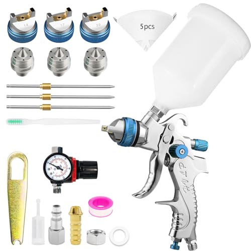 HVLP Lackeringspistol, sprutpistolsats med 3 munstycken – 1,4/1,7/2,0 mm, färgsprutpistol professionell lackeringspistol, tryckluft, gravitationssprutor med 600 ml plastmugg och lufttrycksregulator