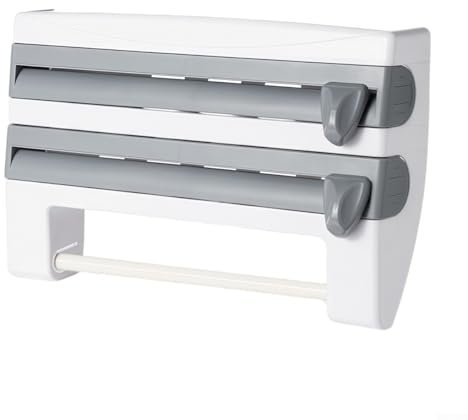 Zilimontt 3-in-1-Film-Organizer, Küchenaufbewahrungsspender mit Cutter für Aluminiumfolie, Plastikfolie, Pergamentpapier und Papierhandtuchrollenhalter, platzsparendes Design (grau)