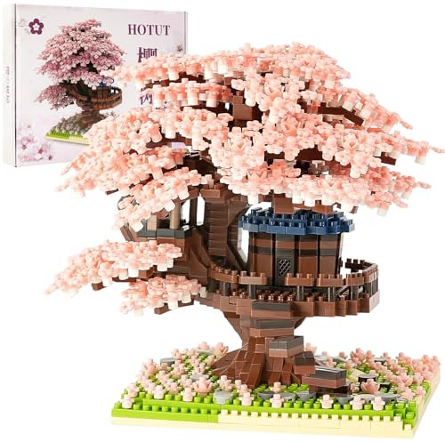 HOTUT Casa del Árbol de Flores de Cerezo, 2151 Piezas Bloques de Construcción de Árbol Bonsái con LED, Micro Mini Bloques, Juego de construcción de árbol de Cerezo en Flor Niños y Adultos (Rosa)