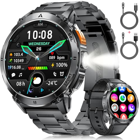 LIGE Militär Smartwatch Herren mit LED-Licht,1,62 HD AMOLED Smartwatch mit Telefonfunktion,Fitnessuhr,Dunkelgrau Uhr mit 110+ Sportmodi,Herz-/Schlaftracking,IP68 wasserdicht sportuhr für iOS/Android