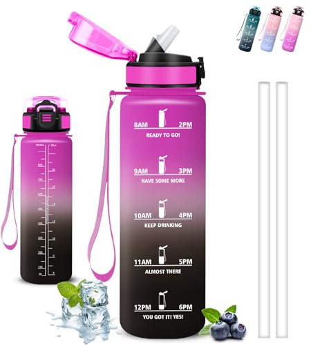 Grsta Trinkflasche 1l, Trinkflasche Sport, Wasserflasche mit Strohhalm, Auslaufsicher, Wasserflasche Kohlensäure Geeignet, Leicht zu Reinigen, Flasche Motivation, Flasche für Fitness, Yoga, Wandern