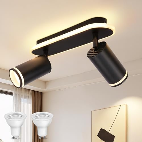URing LED Deckenstrahler 2 Flammig Schwenkbar GU10 Deckenlampe Schwarz | inkl. 2x 5W GU10 Lampe, 3000K Warmweiß, Leuchtende Sockelschiene, Deckenleuchte Strahler Modern Deckenspots für Küche Flur