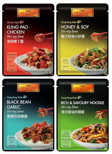 Lee Kum Kee Asian Stir Fry Sauce Bundle (4 Pack) - Black Bean & Garlic, Honey & Soy, Kung Pao, and Rich & Savoury Noodle - Authentic, Quick & Easy Meal Kits for Chicken, Tofu & Veg