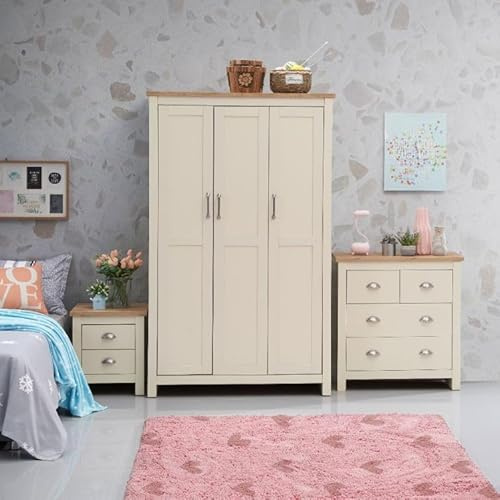 3 Piece Bedroom Furniture Set - Triple 3-Door Wardrobe, 4-Drawer Chest & 2-Drawer Nightstand - Cream & Oak Effect Complete Storage Solution