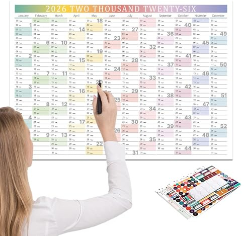 Calendrier 2026 – Année hebdomadaire en papier épais, calendrier mural 2026 sur 12 mois | Pour bureau, école, salle de classe, enseignants, étudiants, famille, travail, étude, planification de Noël