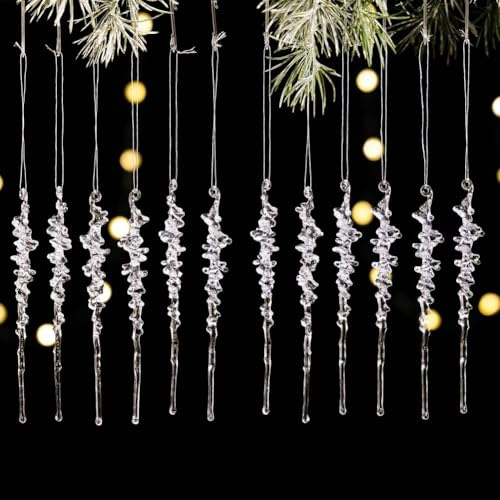Honseadek Weihnachts-Eiszapfen zum Aufhängen, 12 Stück Acryl-Eis-Anhänger für Urlaubsdekoration, leicht, festliche Baumdekorationen in mehreren Farben (transparent)