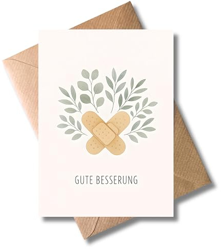 WBdesignz Gute Besserung Karte mit Umschlag - Süße Aufmunterungskarte mit Pflanzenmotiv und Pflaster für Erkrankte, Genesende oder nach Operation - liebevolle Gesundheitskarte zum Wohlfühlen (DIN A6)