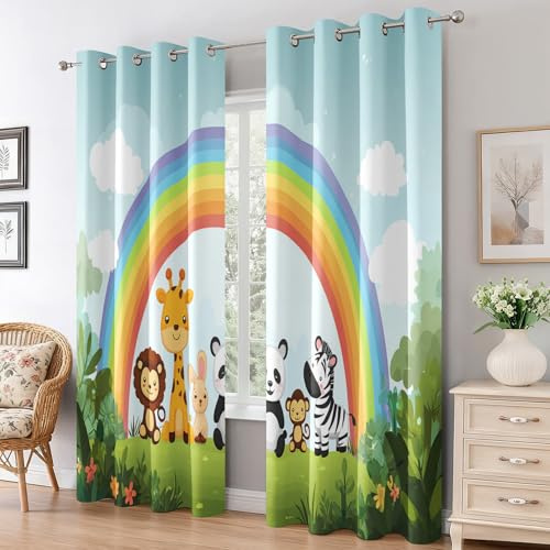 Generisch Zeichentrick Tiere Vorhänge Wohnzimmer Deko, Wald Wildtiere Kinder Gardinen Blickdicht Schlafzimmer Fenster, Thermo Verdunklungsvorhänge mit Ösen 2er Set, H 166 x B 75 L-C&47