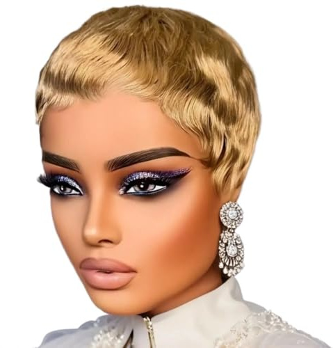 10,2 cm lange Echthaar-Perücke im Pixie-Schnitt for Damen, blond, gerade, kurz, mit Pony, ohne Spitzenfront, Rosennetzkappe for Party, Cosplay, den täglichen Gebrauch Flauschigs und Natürlich