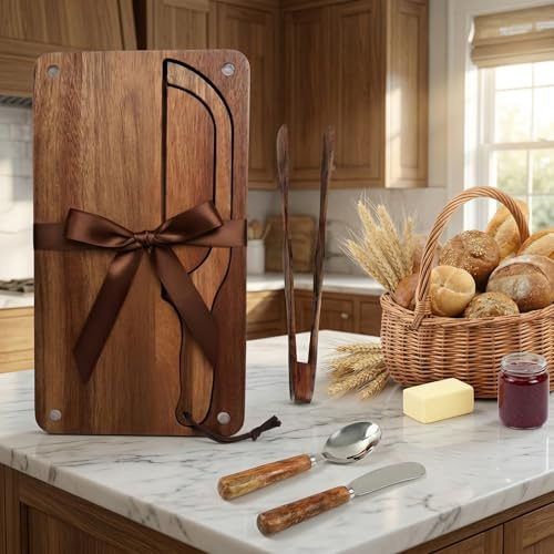 Bread Bow Knife and Cutting Board Set, 16 Serrated Stainless Steel Slicer for Homemade Sourdough & Artisan Bread, Ambidextrous Bread Slicing Kit with Crumb Tray, Bread Tong, Butter Knife, Jam Spoon