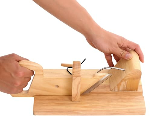 Wooden Sausage Slicer with Stainless Steel Blade, Manual Food Cutter for Vegetables, Meat, Fruit, 28.5x16.5x10cm