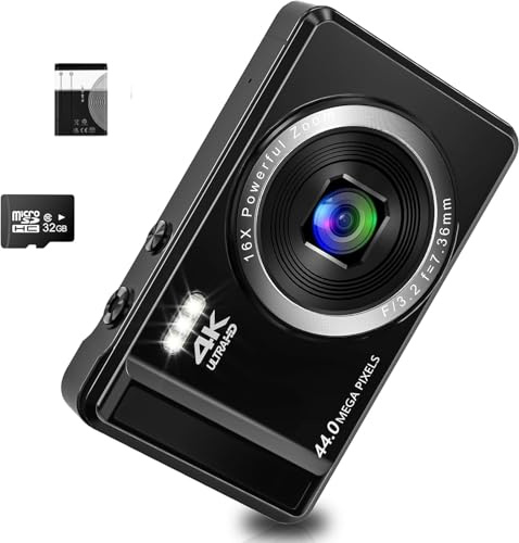 Fotocamera digitale 4K UHD con scheda SD da 32 GB, fotocamera compatta da 64 MP con messa a fuoco automatica, zoom digitale 16x, batteria ricaricabile e facile da usare per principianti, viaggi e uso