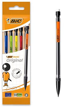 BIC Druckbleistift Matic, 0.7 mm, HB, sortierte Clipfarben, inklusive 3 Minen, Beutel à 5 Stück, schwarz