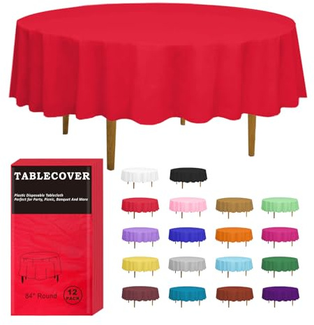 D&Z Einweg-Tischdecke aus Kunststoff, rund, einzeln verpackt, für drinnen und draußen, 213 cm, Tischdecke für Party, Picknick, Geburtstag, Hochzeit und Abendessen, Rot, 12er-Pack
