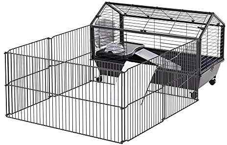 PawHut Kleintierkäfig Kleintierstall mit klappbarem Auslaufbereich, Nagerkäfig mit Wasserflasche, Wasserschale und Rampen, für Kleintiere Metall Schwarz 88 x 128,5 x 56 cm