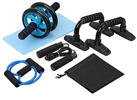 BAJIE Rueda Abdominal 5-en-1 Entrenador Muscular Rueda Rodillo Kit Rueda Abdominal de Doble Rueda + Cuerda de Saltar + Flexiones + Tensores + Rodilleras Talla Única Negro