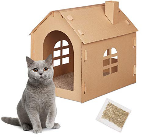 Relaxdays Katzenhaus Pappe, Katzenhöhle mit Kratzbrett, zum Zusammenbauen, inkl. Katzenminze, 46 x 36,5 x 42,5 cm, braun