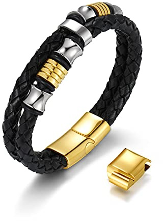 JewelryWe Schmuck Herren Lederarmband mit Gravur Edelstahl Geflochten Kügal Armband Armreif Silber Gold Schwarz Verstellbar