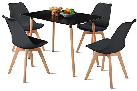 DORAFAIR Esstisch-Set und Stühle, 1 Tisch + 4 Stühle, nordisches Design, rechteckiger Küchentisch und schwarze Stühle