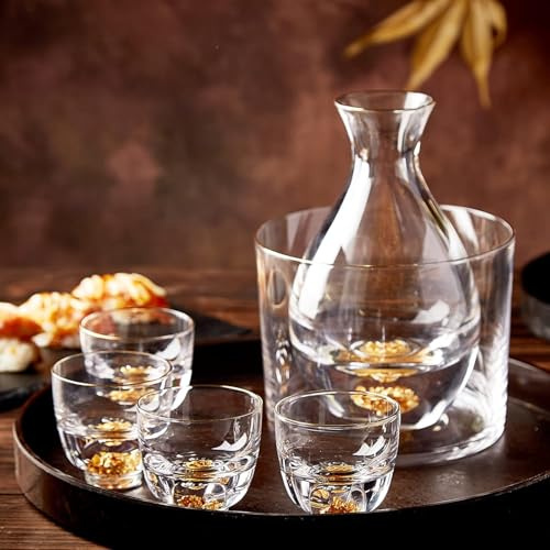 DUJUST Sake-Set für 4 Personen, Sake-Glas aus Kristall, Verziert mit 24-karätigen Blattgoldflocken, 1 Sake-Flasche, 1 Sake-Tank und 4 Sake-Becher, schönes & luxuriöses Japanisches Geschenkset – 6pcs