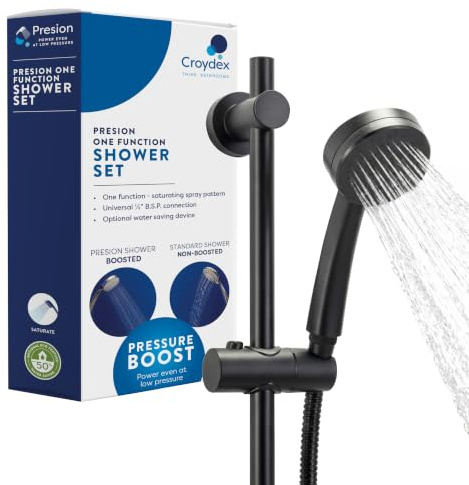 Croydex Presion Pressure Boost Complete Shower Kit - Matte Black | High Pressure Shower Head | 68cm Riser Rail | 1.5m Stainless Steel Shower Hose | Adjustable Slider | Flexi-Fix Wall Brackets