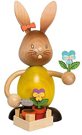 Drechslerei Kuhnert Osterdekoration/Osterhase „Stupsi Hase mit Stiefmütterchen“ 11 cm hoch, aus feinstem Holz, für ein bezauberndes Osterfest oder eine dauerhafte Dekoration, Holzkunst Made in Germany