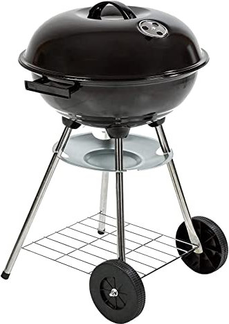 AMOS 48cm Portable Black Kettle Barbecue Grill With Wheels, Storage Shelf, Lid & Air Vent For Outdoor Cooking, Camping, Picnic