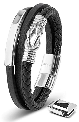 SERASAR Herren Armband 17cm Silber Männer Leder Armreif Lederband Schmuck