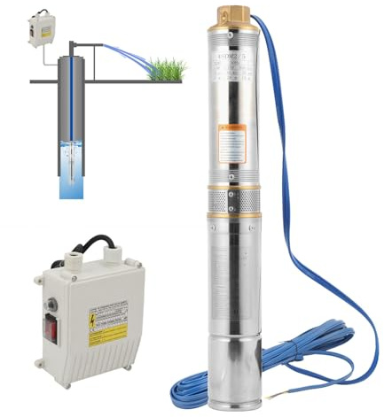 Ansobea Tiefbrunnenpumpe 370W, 4000l/h Brunnenpumpe 693mm, Edelstahl Wasserpumpe Druck 3,4bar, max. Förderhöhe 34m, max. 35°C, für Brunnengehäuse von 4 Zoll oder größer. Silber