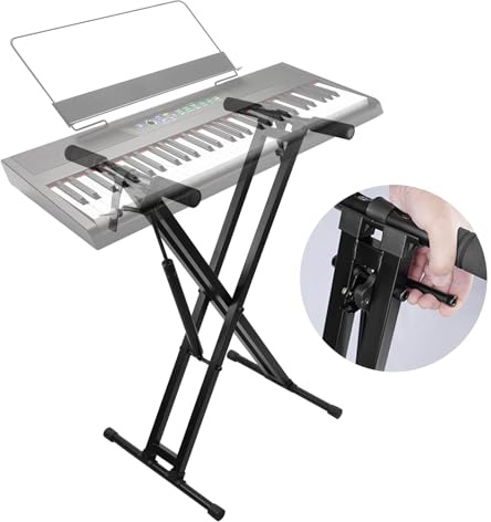 GUITTO Tangentbord pianostativ gasfjäder en knapp enkel och smidig lyftfunktion slitstark X-stil justerbar och bärbar musik tangentbordsstativ med låsremmar med halksäkra dynor GKS-02