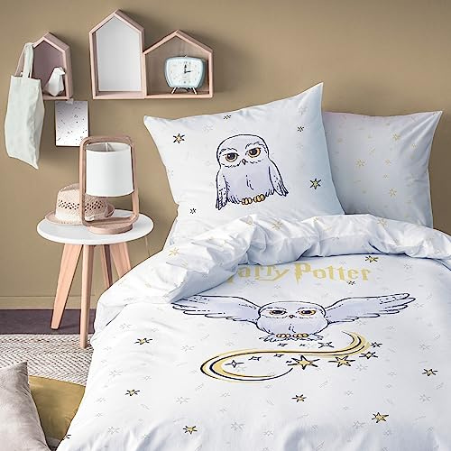 MTOnlinehandel Harry Potter Bed Linen 135 x 200 cm + 80 x 80 cm - Hedwig - Fan Item for Children and Teenagers - 100% Cotton, White