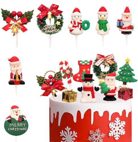 16 Piezas Adornos de Tartas de Navidad, Decoración para Tartas Topper de Tarta de Magdalenas de Navidad Mini Papá Noel Muñeco de Nieve Corona Adornos Toppers para Decorar Cake Cupcakes Pastel