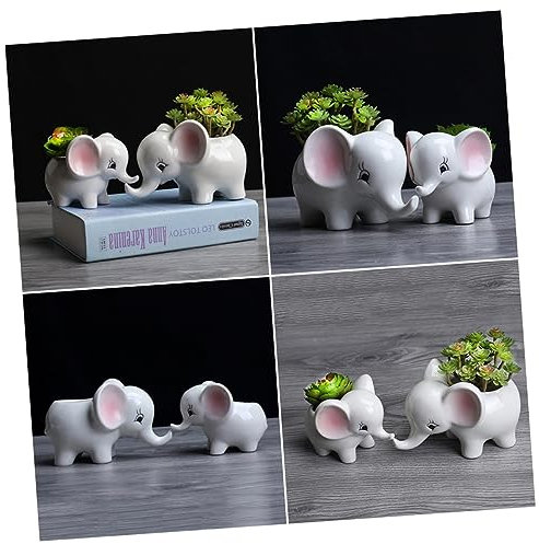 Warmhm 2stücke Keramik Elefantenfigur Tischdekor Gartendekoration Cartoon Stil Tierfigur Ohne Pflanzen Bunter Großer Elefant Babyelefant