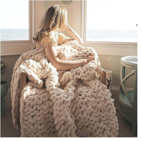 GAOSHI Grobstrick Decke,Gestrickte Decke Grob Kuscheldecke,Handgefertigt Grobe Strickdecke Sofa Decke Wolle Kuscheldecke Wolldecke Zuhause Dekor Geschenk (Color : Beige, Size : 150x150cm)