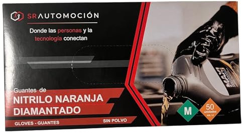 SR AUTOMOCIÓN Guantes nitrilo diamantados sin polvo, guantes de nitrilo super resistentes, guantes diamantados color naranja (300, M)