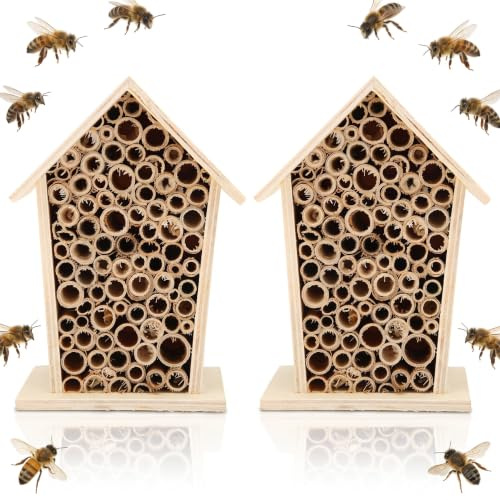 2pcs Bee Hotel for garden, Bee House Garden Bee Boxes Create Safe for Native Bees, Mount on Wall or From Tree Branch, Wonderful Gift for Cavity Nesting Insects