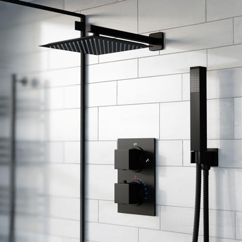 Nes Home 2 Dial 2 Way Square or Round Concealed Thermostatic Shower Mixer,Head,Handset Set Chrome or Black (Square, Matte Black)