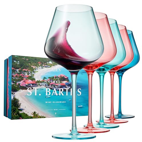 Colors of St Barths, Island Colored Stemmed Wine Glassware | Set of 5 | 20 OZ Summer Italian Style Tall Drinkware Red & White, Gift for Beach Lover, Traveler, Party Anniversary, Beautiful Glassware