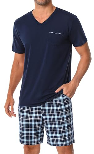 Bresdk Ensembles de Pyjama Homme Court Été Coton Manches Courtes avec Poche Poitrine Vêtements de Nuit Doux