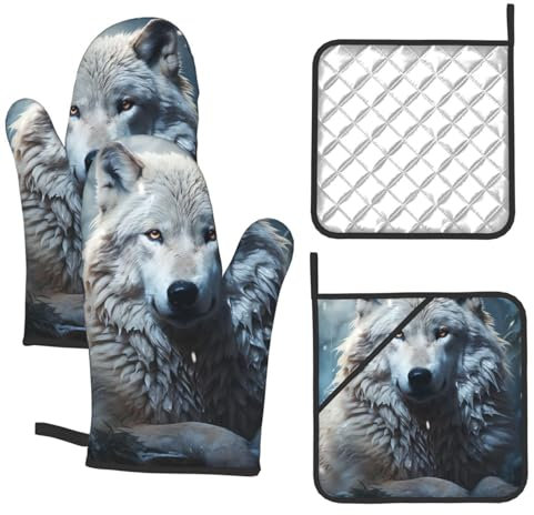 GFLFMXZW Ofenhandschuhe und Topflappen, Set mit 4 Ofenhandschuhen, Hitze, Wolf, sitzend im Schnee, bedruckt, widerstandsfähig, Topflappen für Küche, Kochen, Backen, Grillen