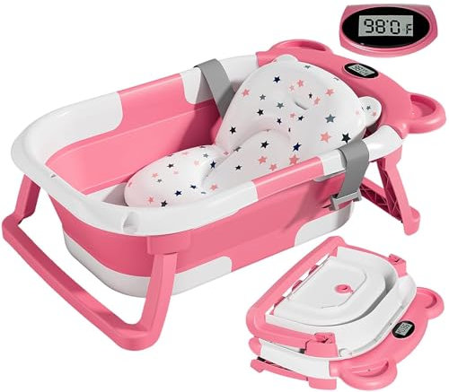 Faltbare Baby-Badewanne für Neugeborene bis Kleinkinder, faltbare tragbare Reisebadewanne mit Kissen & Thermometer und Ablaufloch, niedliche Bären-Badewanne für Säuglinge 0-36 Monate (Rosa,