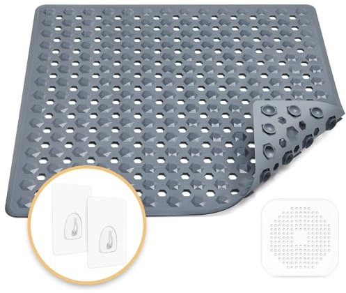 Duschmatte rutschfest,53x53cm,100% BPA frei,inkl 1 Abflusssieb Silikon,Antirutschmatte Dusche,maschinenwaschbar, schimmelresistent,hautsensitiv(Dunkelgrau)