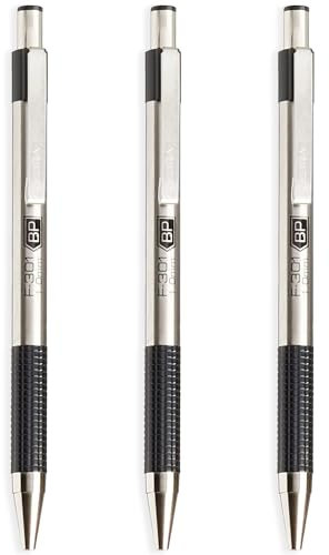Zebra F-301 - Stainless Steel Retractable Ballpoint Pen - 1.0mm Broad - Black Ink - Pack of 3